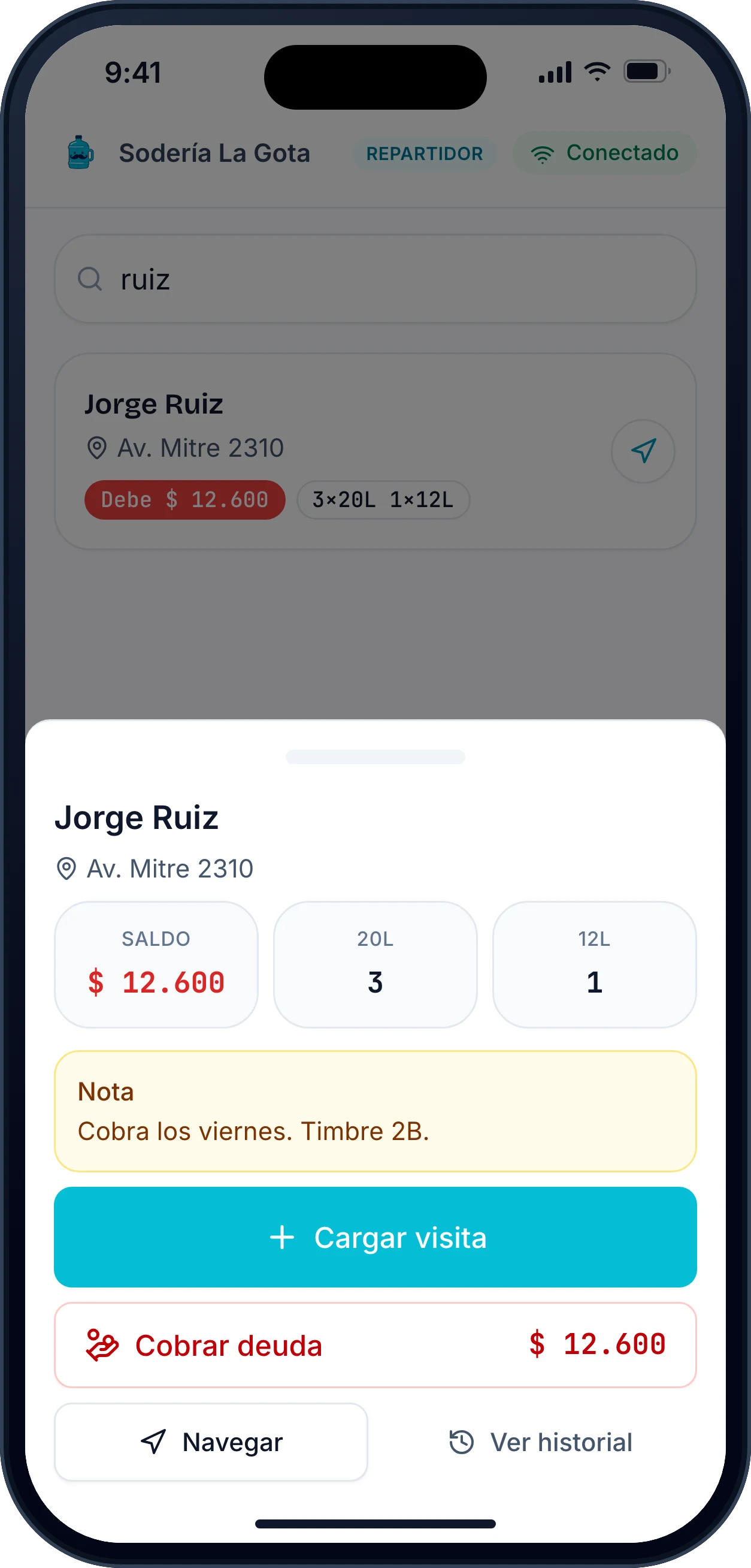 Cuenta de un cliente: saldo, bidones en la casa y nota