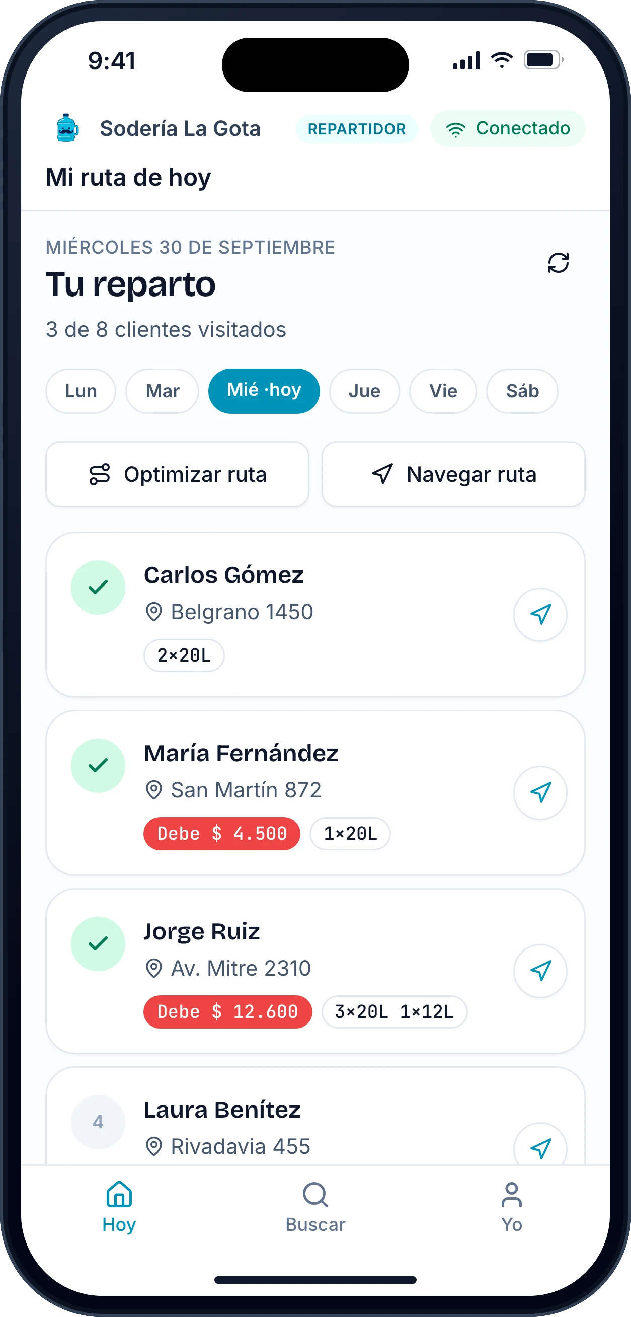 App del repartidor: la ruta del día con los clientes visitados