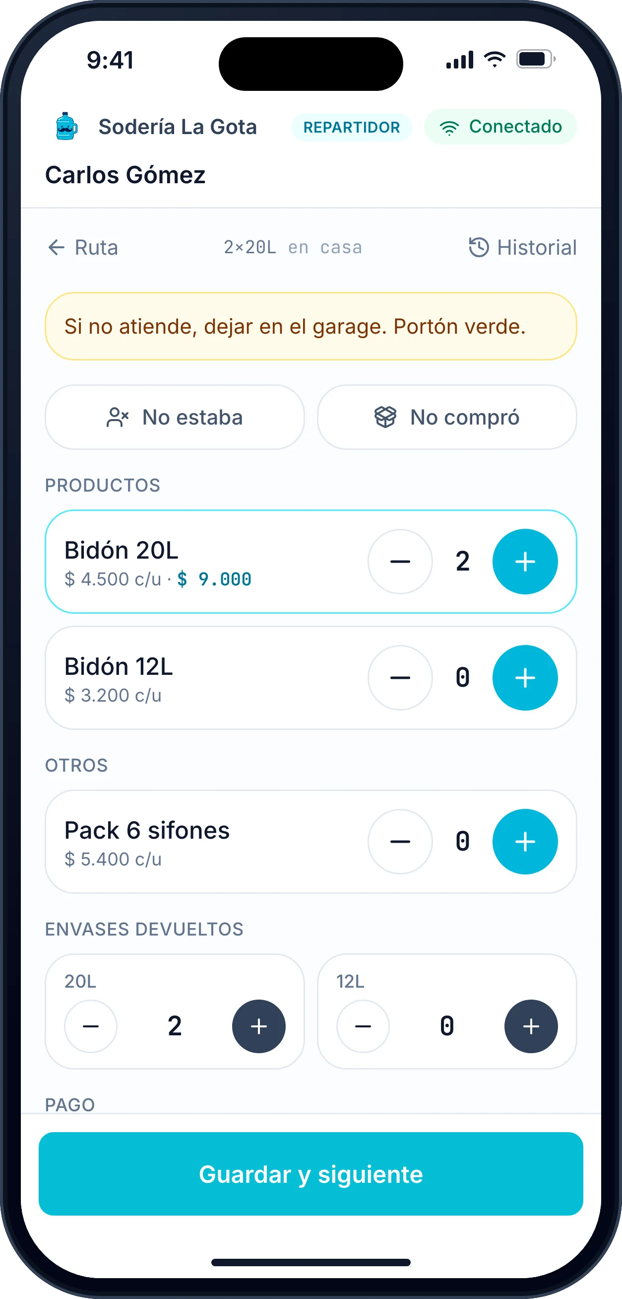 Cargar una visita: bidones entregados, envases devueltos y pago